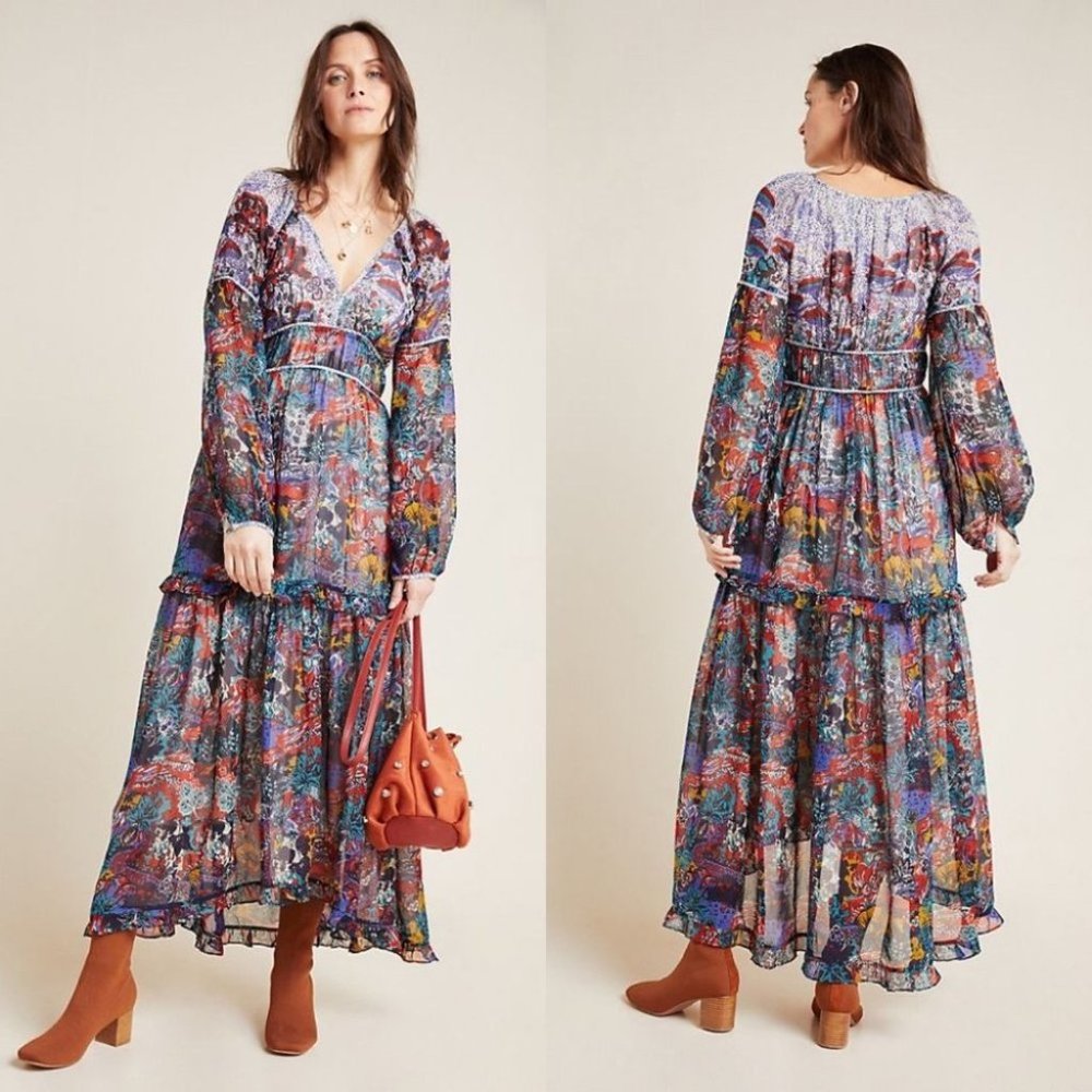 Anthropologie Multicolor Floral Printed Maxi Dress